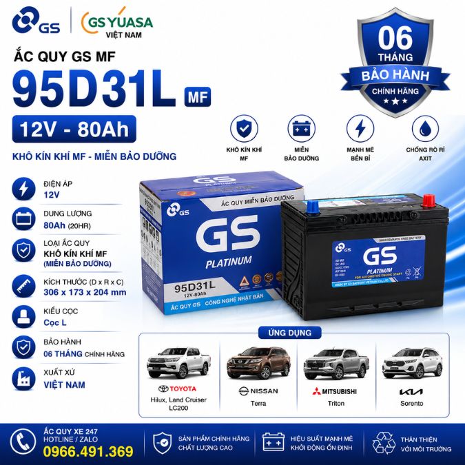 Bình ắc quy GS MF 95D31L 12V-80AH 8 2. Ắc quy GS MF 95D31L dùng cho xe gì
