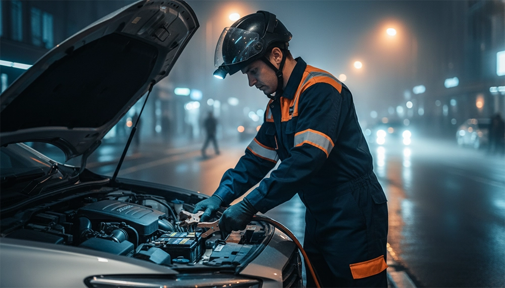 người thợ sửa cấp cứu ắc quy xe ô tô trên đường